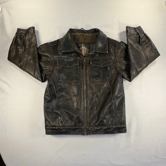 Hawke & Co - Boys Leather Jacket Fur Interior Aviator Scientific Transport Sz 7 - Picture 1 of 11